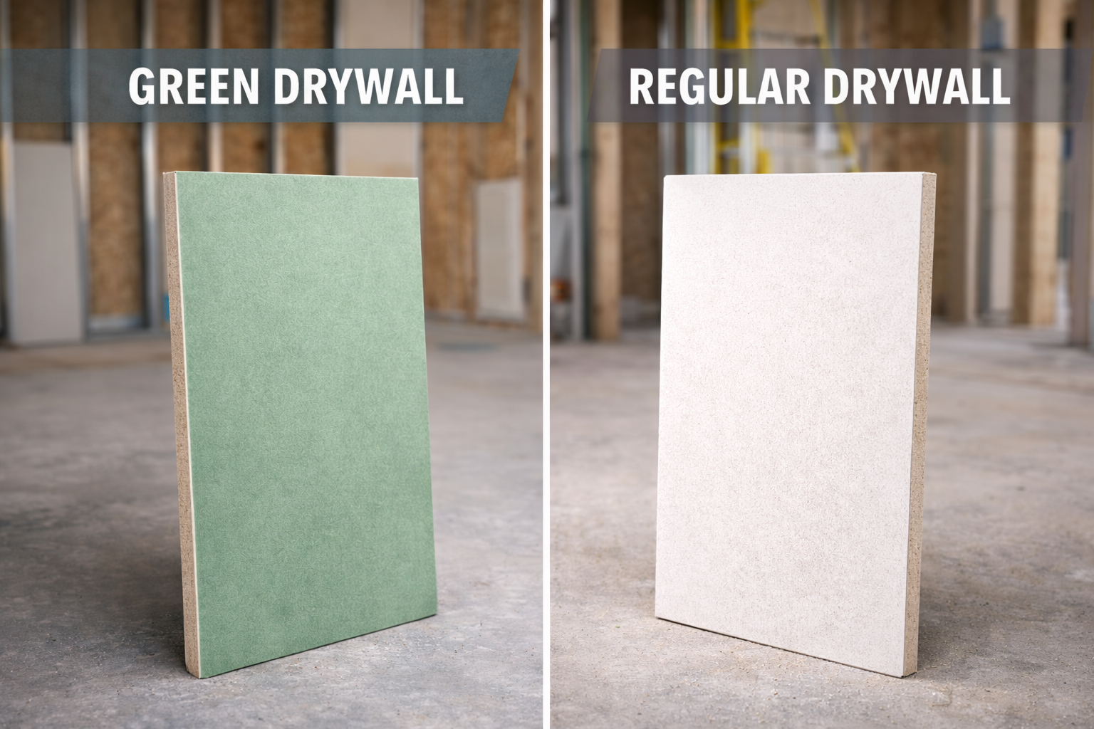 4x8 greenboard and standard drywall panels standing vertically at a residential construction site.