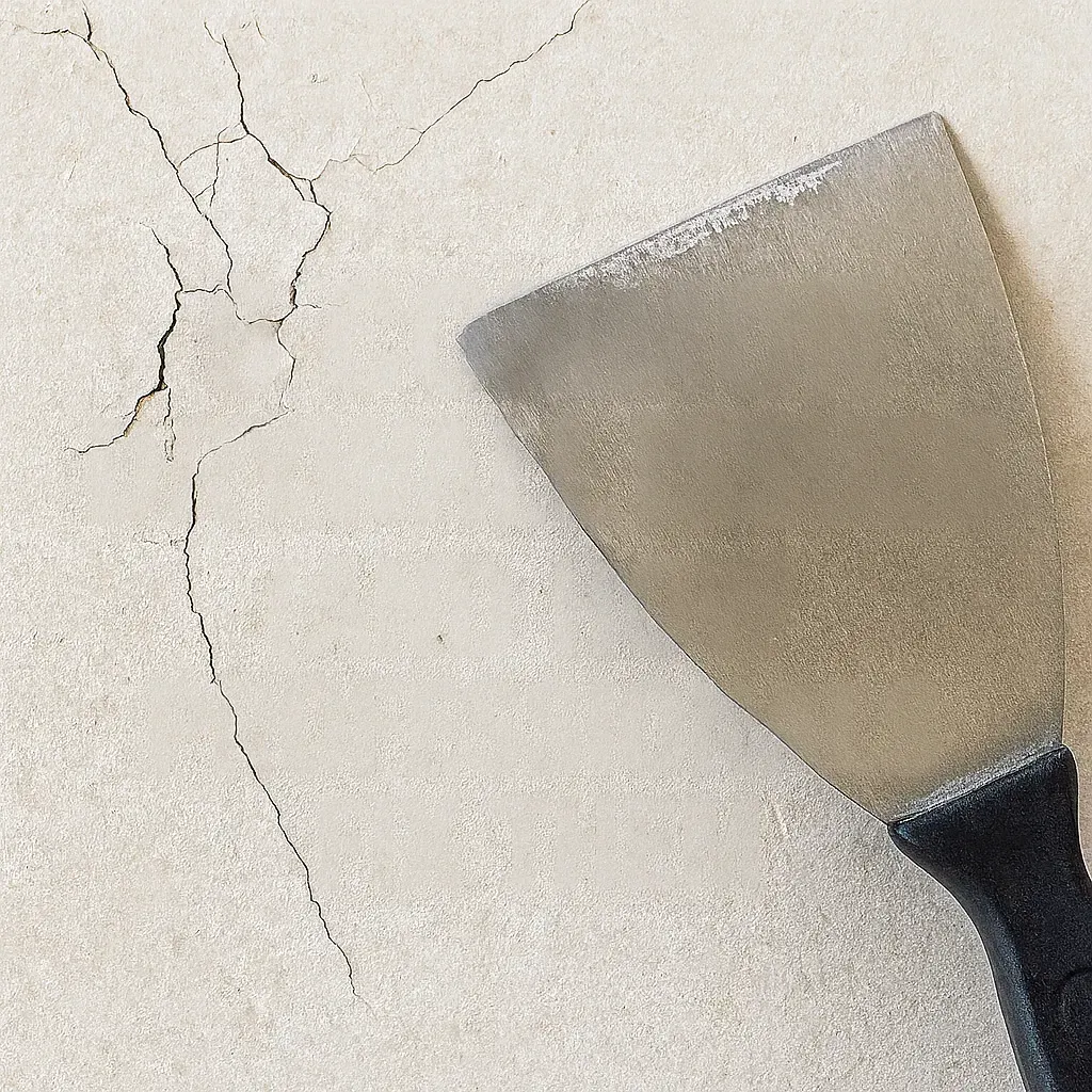 A putty knife beside a cracked wall, preparing for repair.