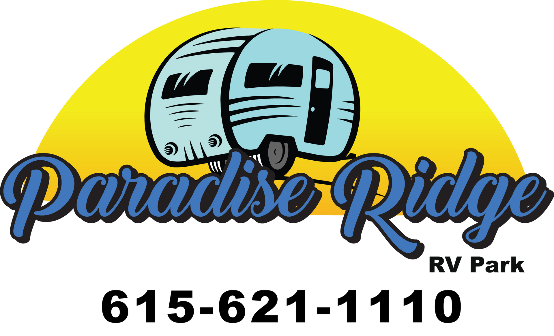 Paradise Ridge RV Park logo with two blue RVs, yellow sun, and phone number.