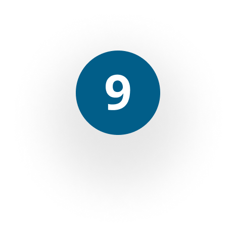 A white number 9 centered inside a solid blue circle on a white background.