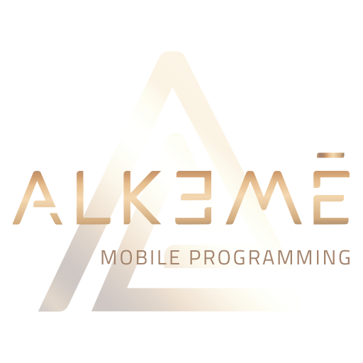 Logo for Alkeme Mobile Programming: Gold text and triangle over a blurred background.