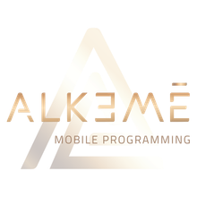 Logo for Alkeme Mobile Programming: Gold text and triangle over a blurred background.
