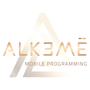Logo for Alkeme Mobile Programming: Gold text and triangle over a blurred background.