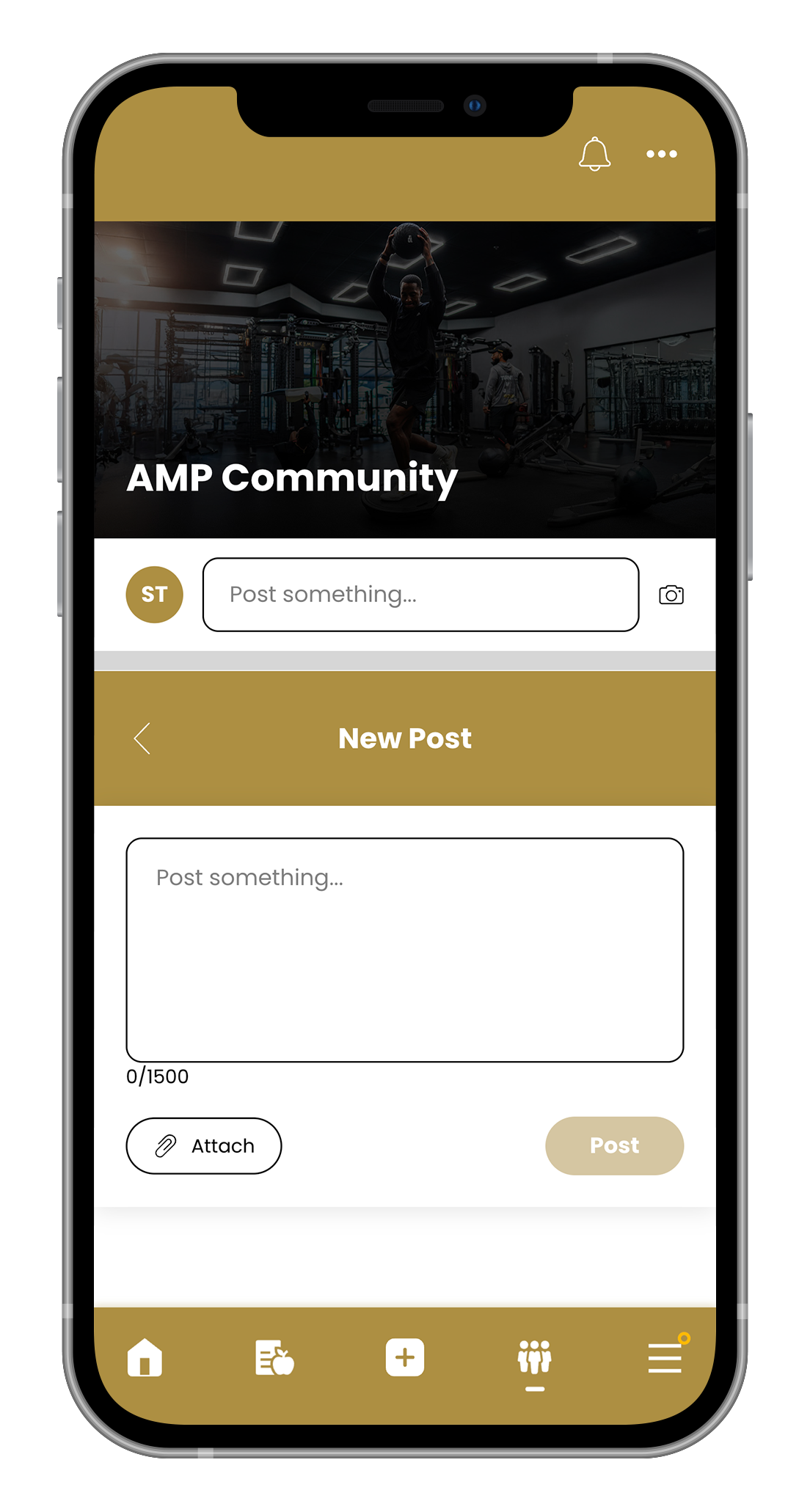 Mobile app: AMP Community home screen with a text input field for a new post. Gold and dark theme.
