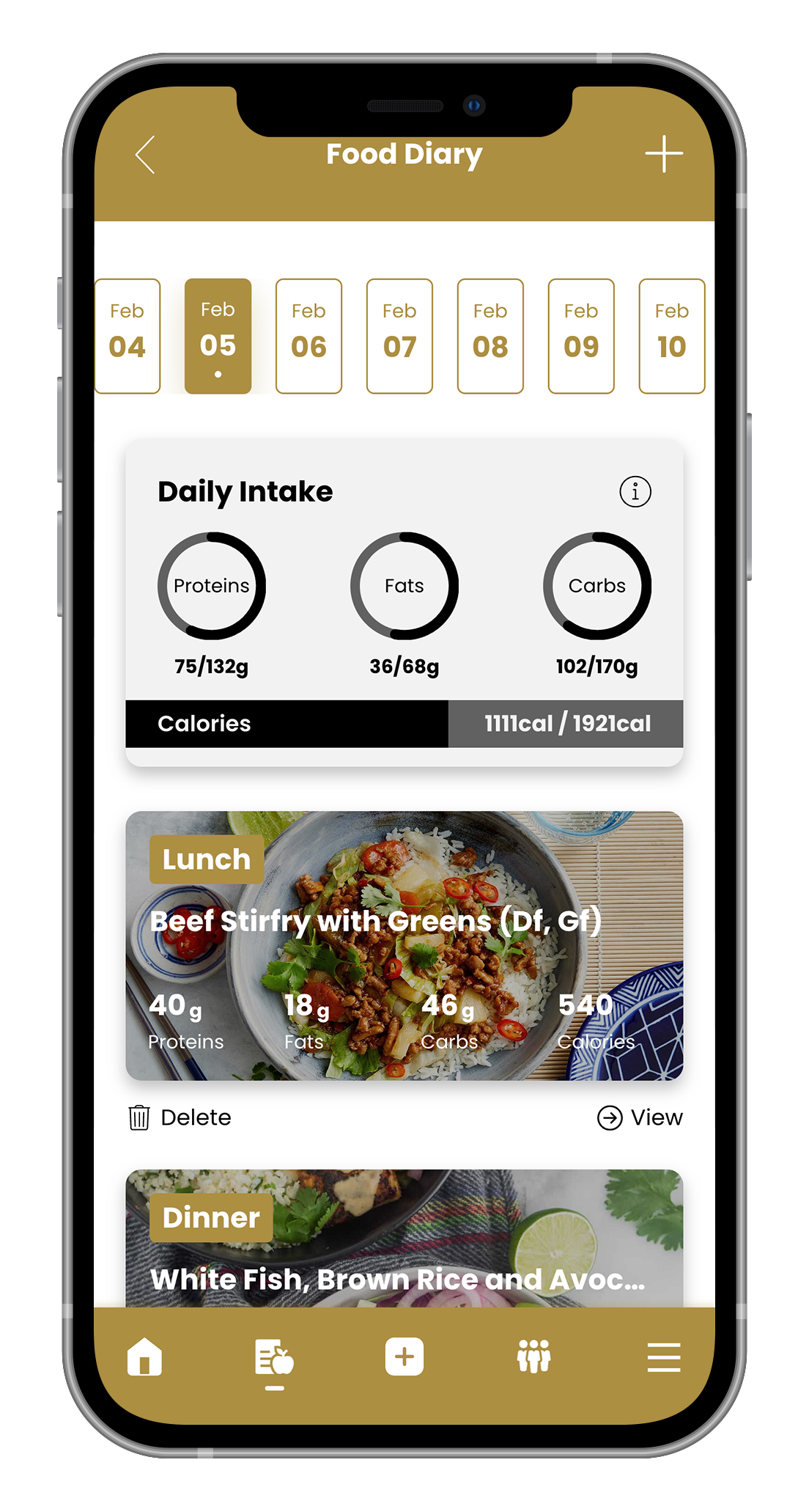 A smartphone displaying a nutrition app interface with daily intake metrics and recipe previews.