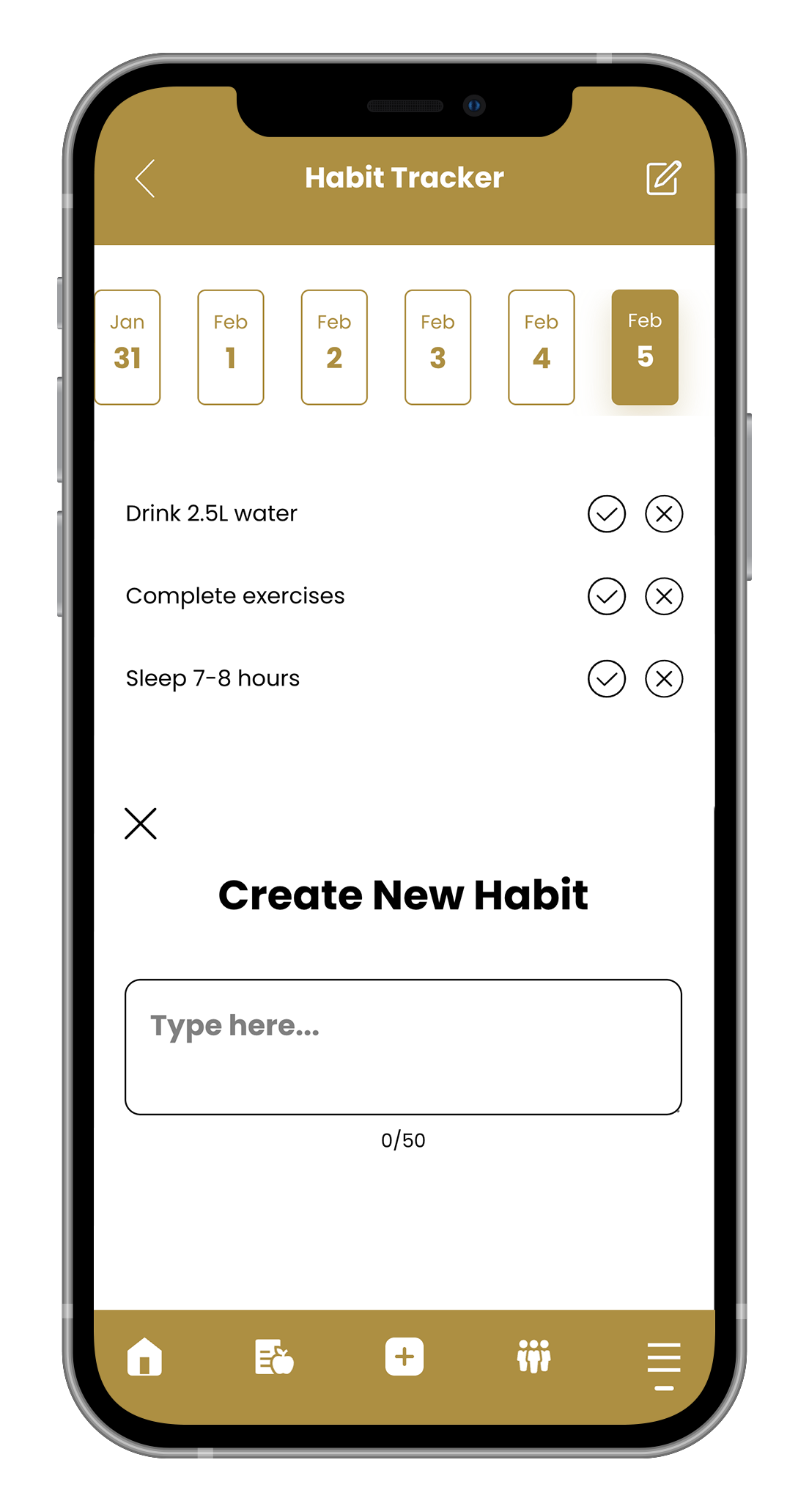 Mobile habit tracker app displaying daily progress with "Create New Habit" button.