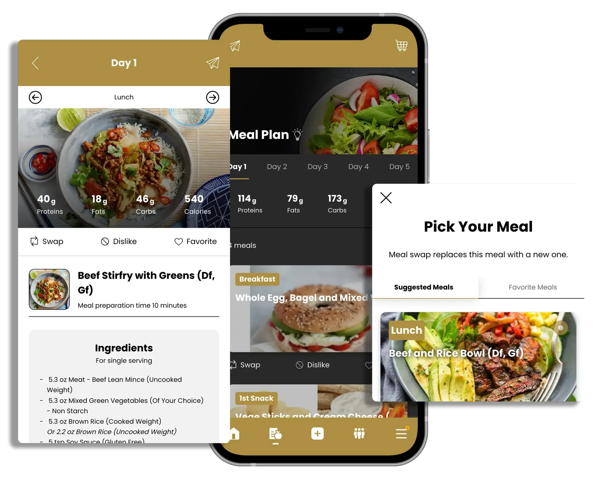 Mobile app showcasing meal planning features with food images.