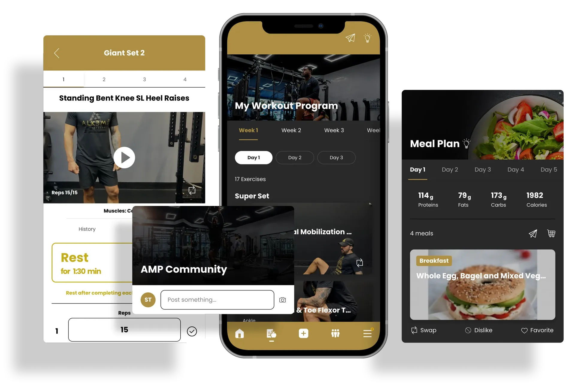 Mobile app interface screens showcasing fitness content: workout video, community features, and healthy recipes.
