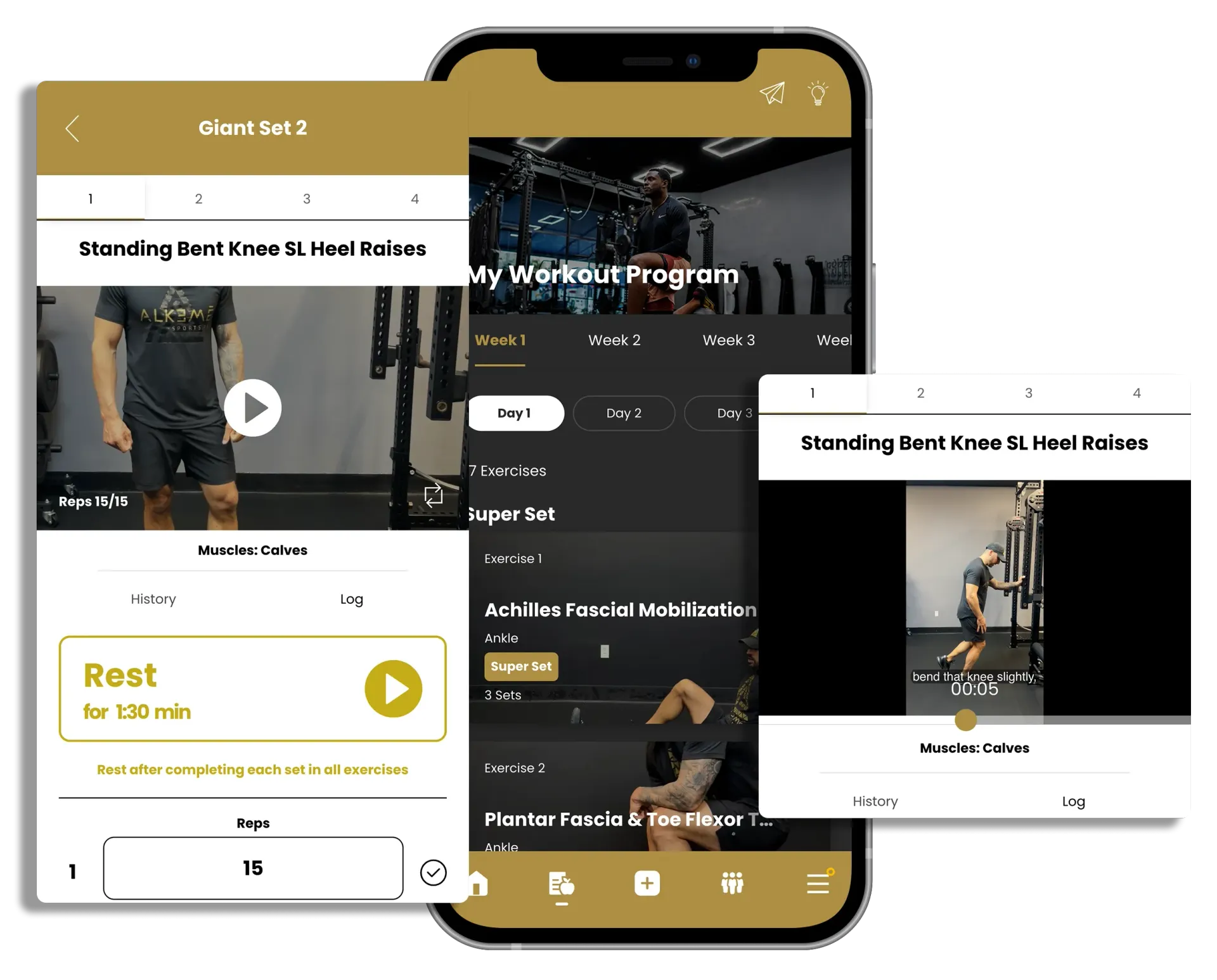 Mobile app showing workout routines with videos and exercise tracking. Golden and black color scheme.