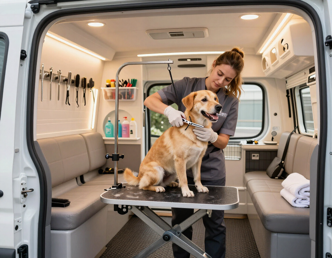 Professional groomer working inside a mobile van