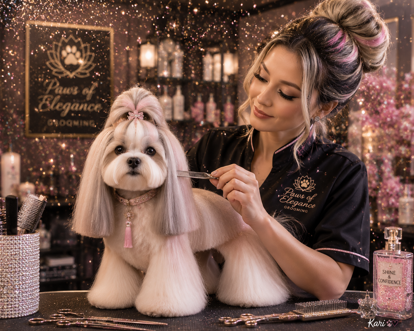 Grooming salon scene with a fluffy white dog being combed by a stylist at a sparkling vanity.