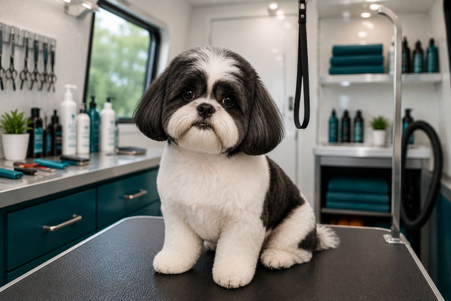 Freshly groomed black-and-white Shih Tzu on a grooming table inside the mobile grooming van