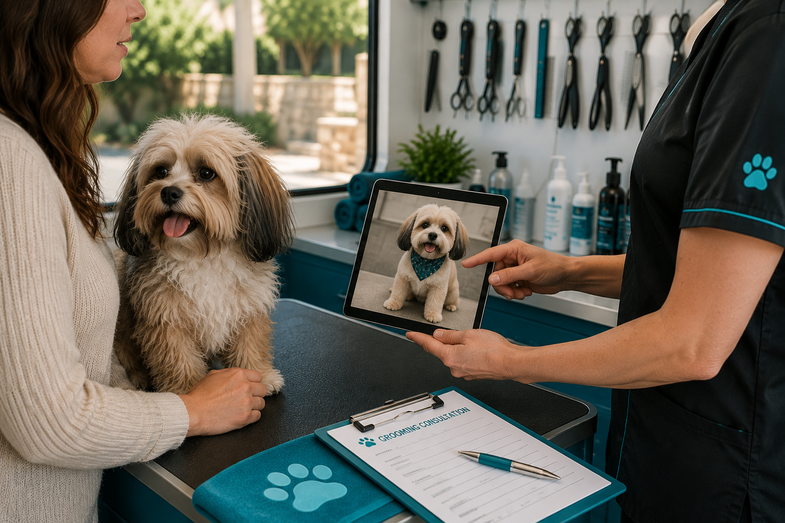 Owner and mobile groomer discussing haircut of cute maltipoo dog with picture example