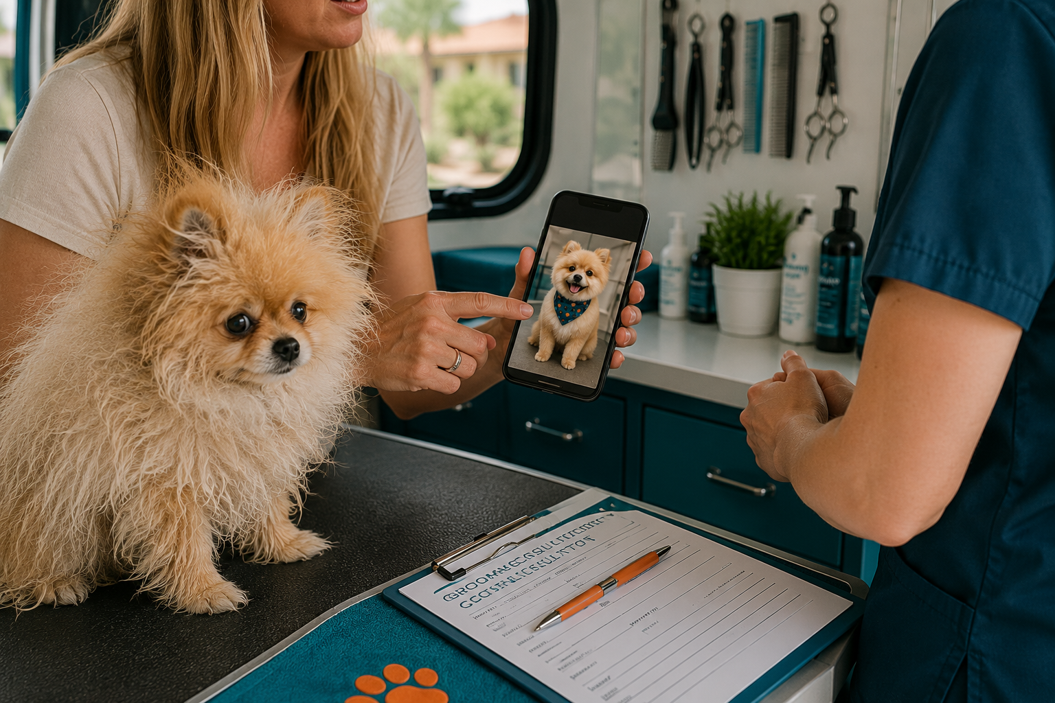 Owner and groomer discussing haircut for pomeranian with picture