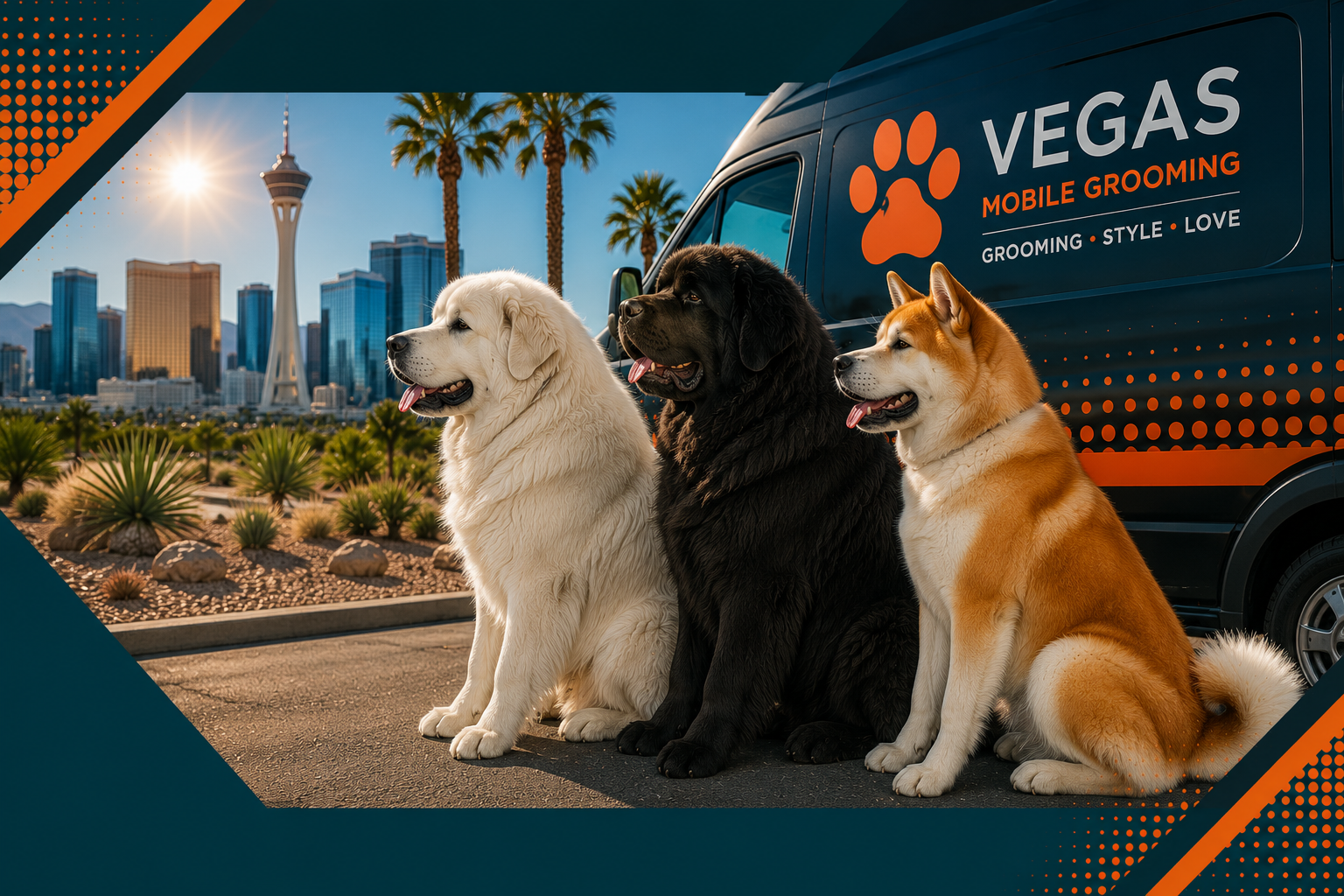 Three dogs sitting by a Las Vegas pet transport van with skyline and palm trees in the background
