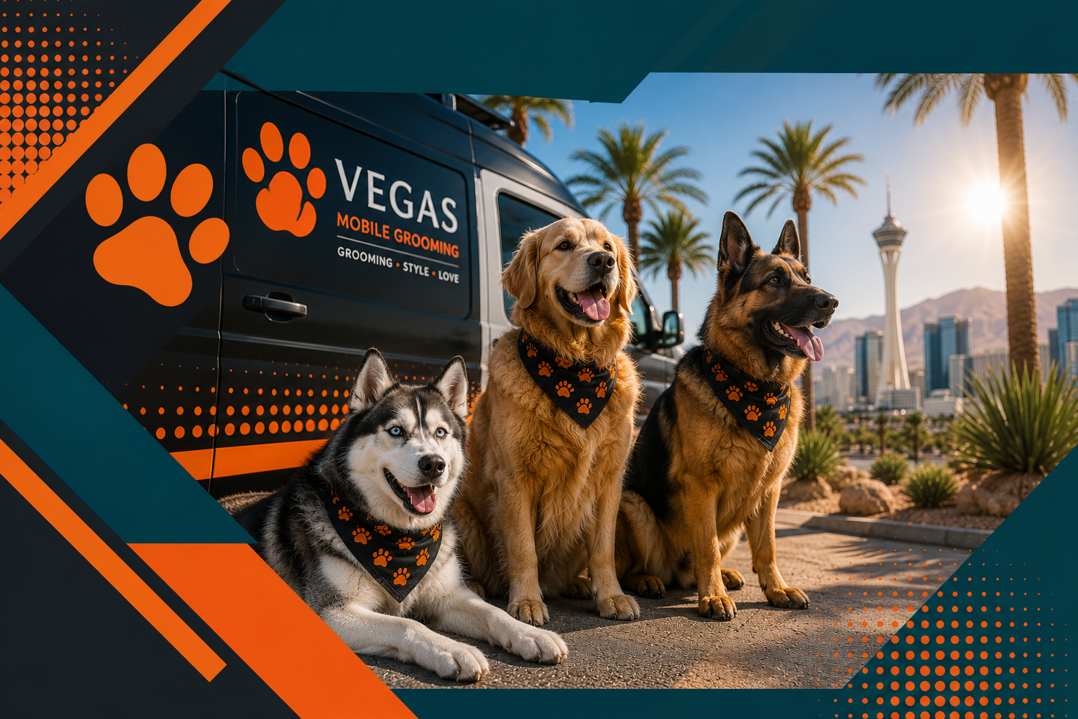 Three dogs by a Vegas Pet Resort sign in a sunny desert city scene