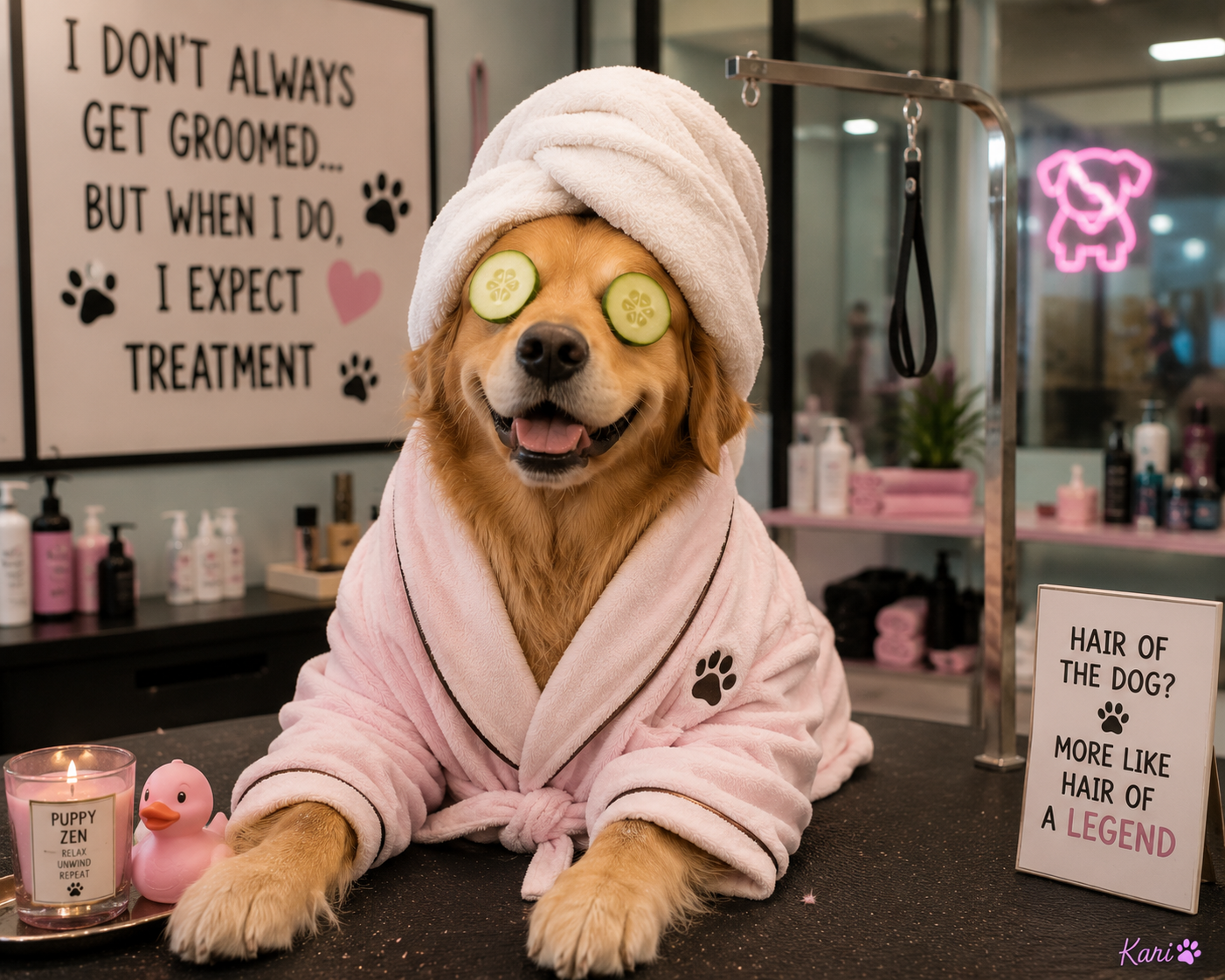 Dog in pink bathrobe and towel with cucumber slices, at a pet grooming counter with a playful sign.