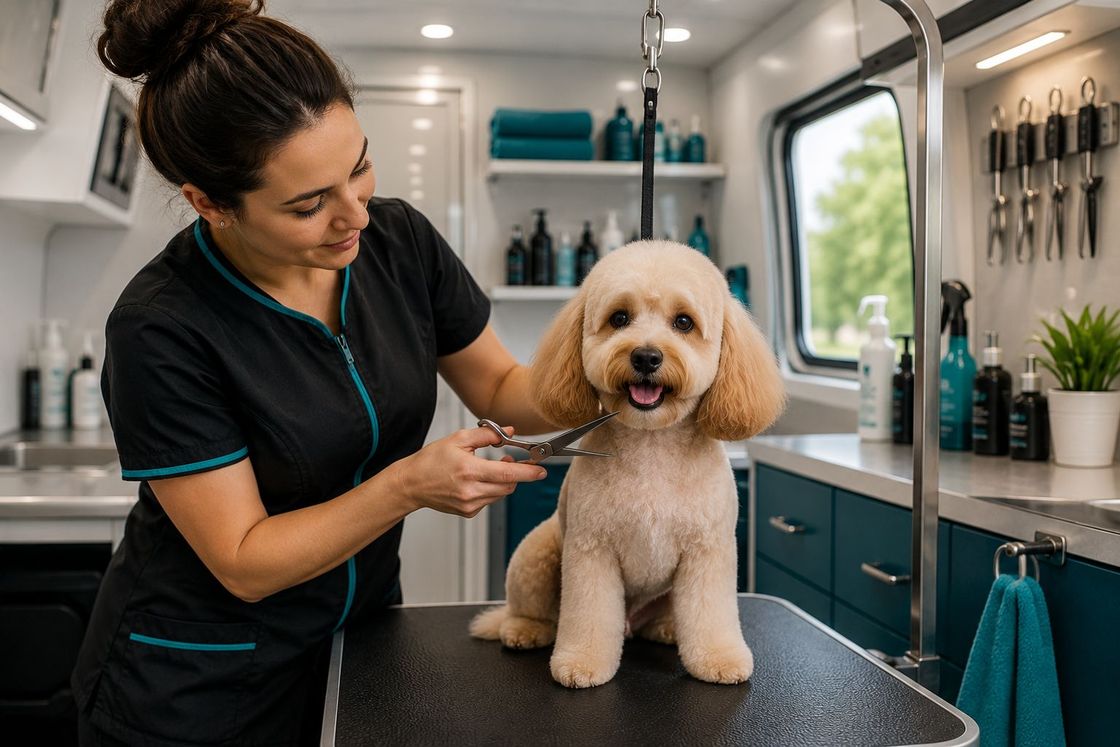 Professional groomer working with a poodle inside the mobile grooming van