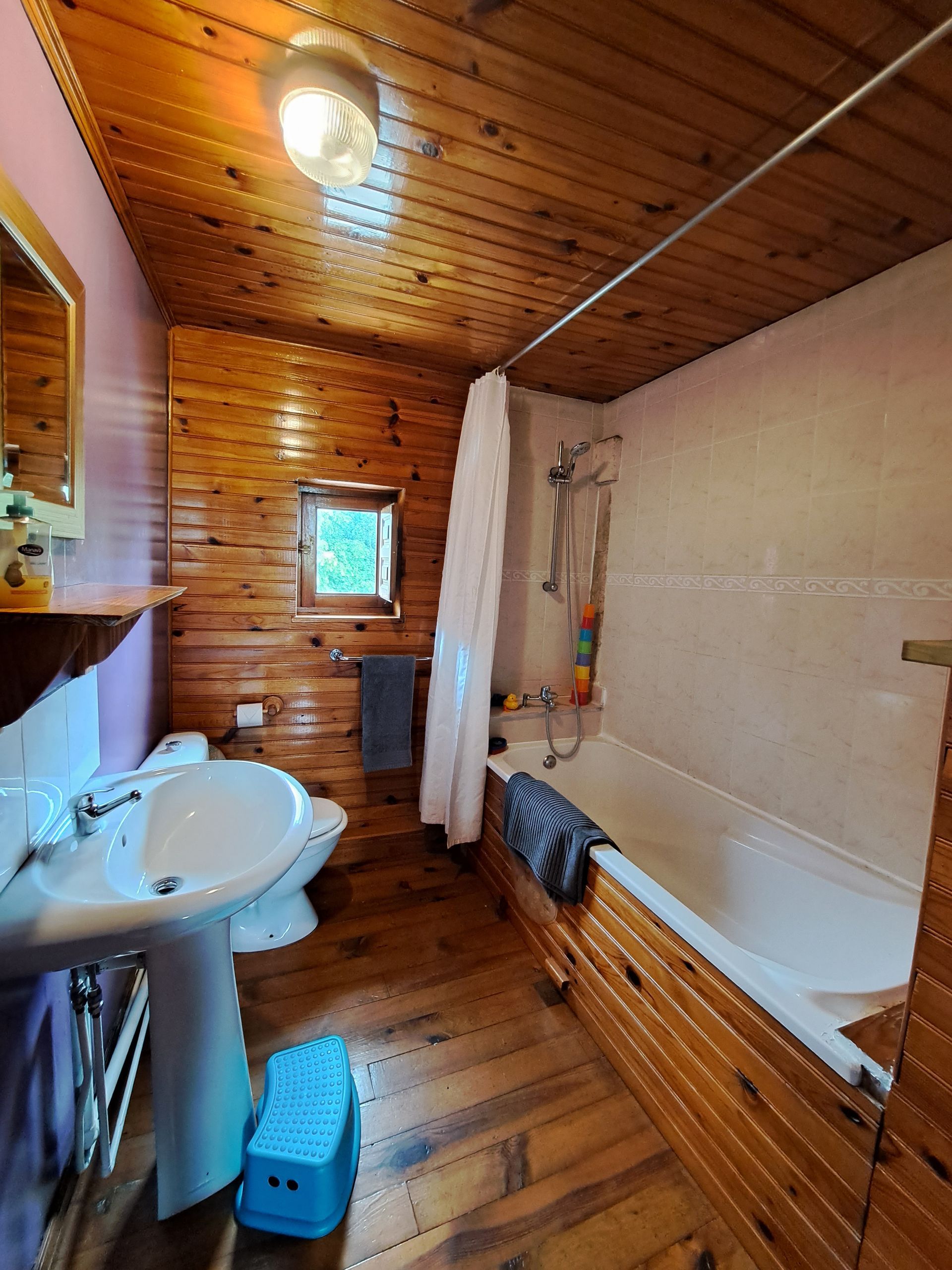 bathroom with varnished wooden walls, floor and ceilings