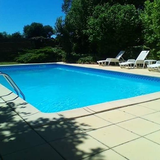 10m by 5m swimming pool surrounded by stone slab terrace