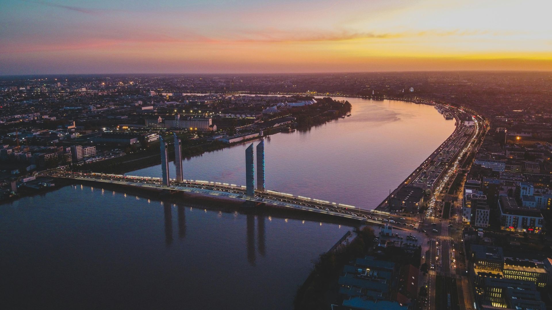 view of the river through Bordeaux in twilight
