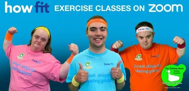Two men and a woman, all with a learning disability, wearing sports clothes ready to do some exercise