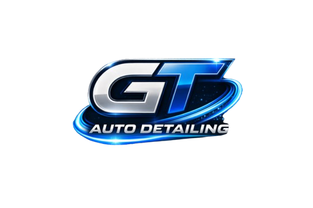 GT Auto Detailing logo in silver and blue with a stylized swoosh on a white background
