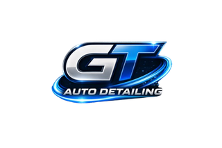 GT Auto Detailing logo in silver and blue with a stylized swoosh on a white background