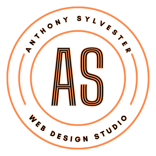 Logo for Anthony Sylvester Web Design Studio with orange circular border and AS initials