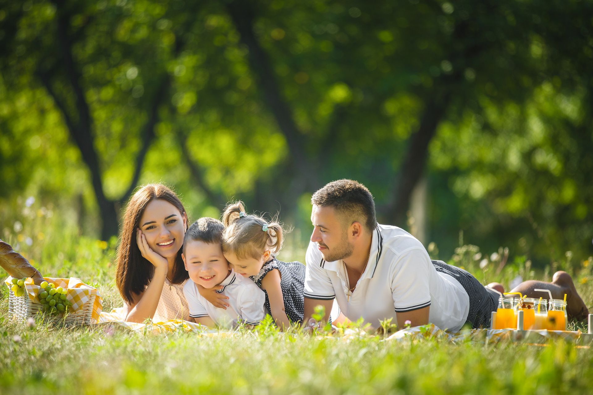 Family of four smiling on a picnic blanket in a green field with trees.