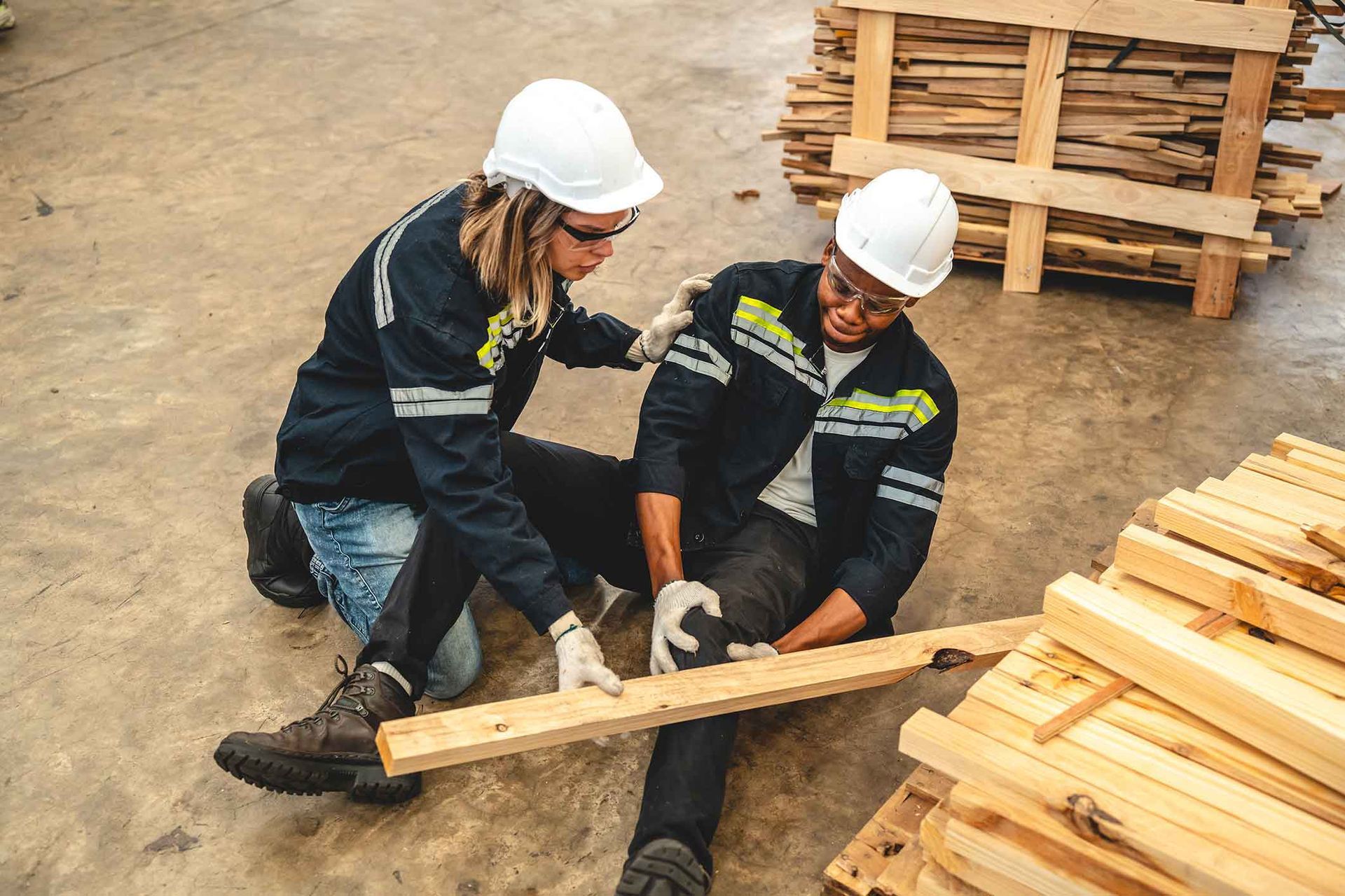 A person injured at a worksite being helped by another. Both wear safety helmets and work uniforms.