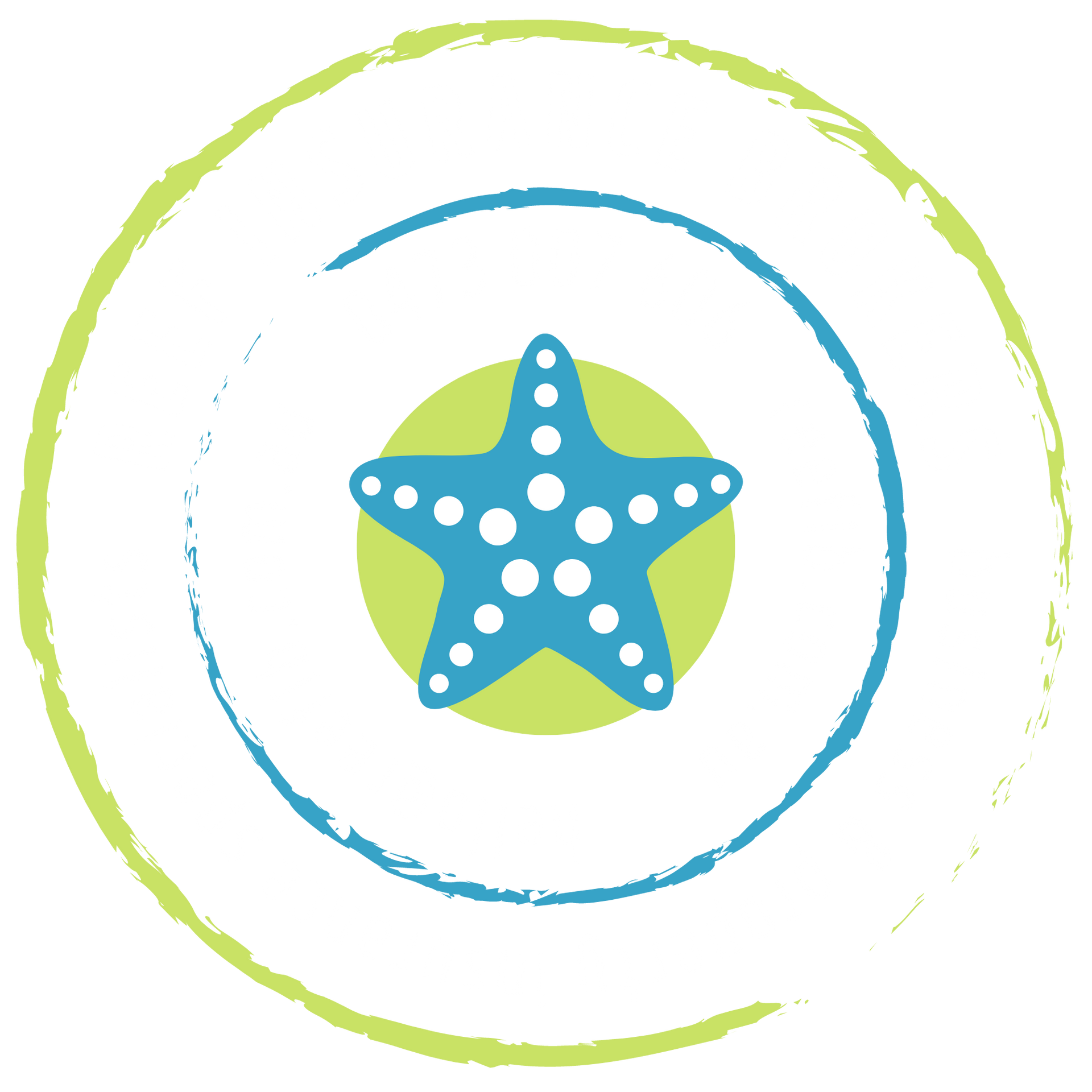 Blue starfish with white dots on green circle, inside blue and green brushstroke circles.