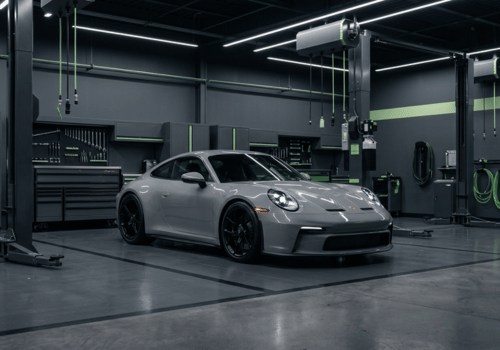 Gray Porsche 911 sports car parked inside a clean, modern auto repair shop