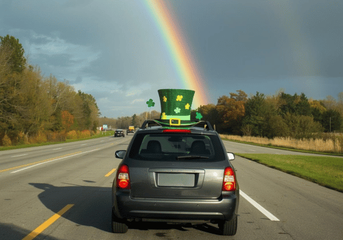 Minivan driving on a highway beneath a rainbow with a green shamrock hat on the roof.