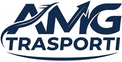 Logo AMG Trasporti in blu scuro con freccia stilizzata sopra il nome dell'azienda.