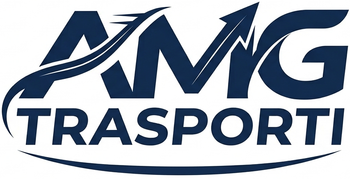 Logo AMG Trasporti in blu scuro con freccia stilizzata sopra il nome dell'azienda.