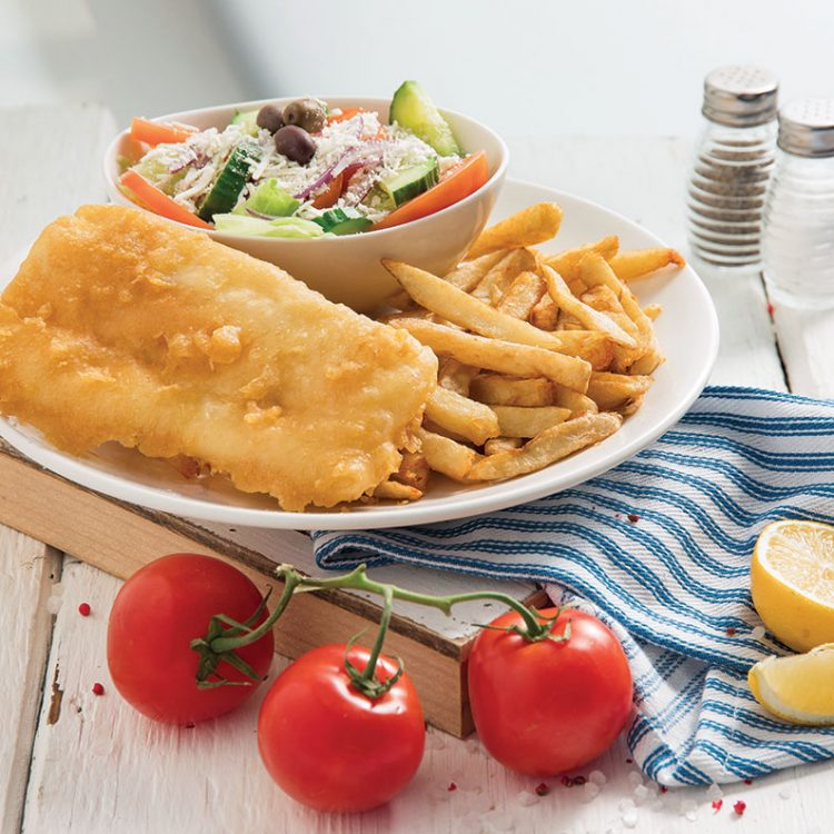 photo of fish and chips with a side salad