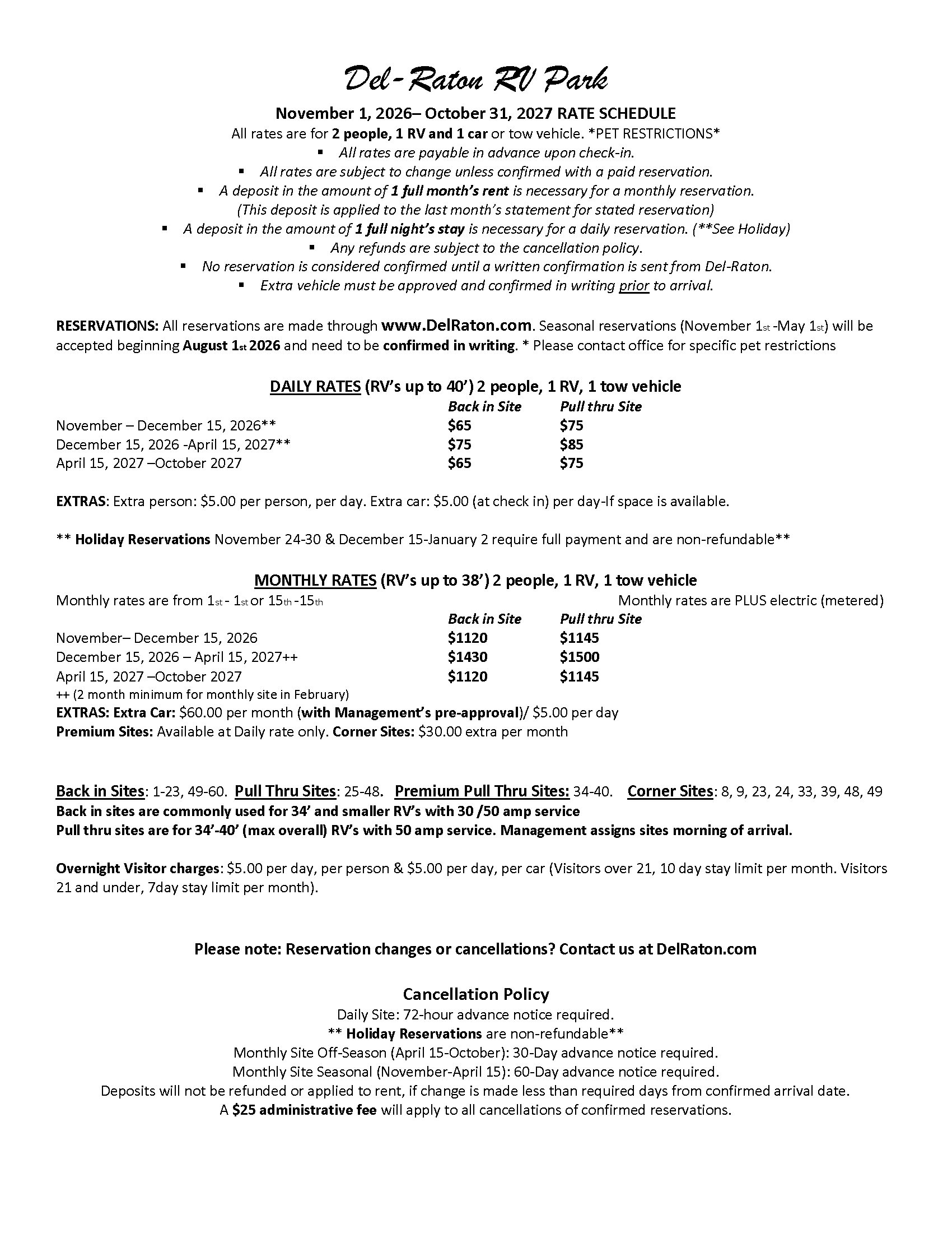 Rate Information 2026-27 — Delray Beach, FL — Del-Raton RV Park & Trailer Sales