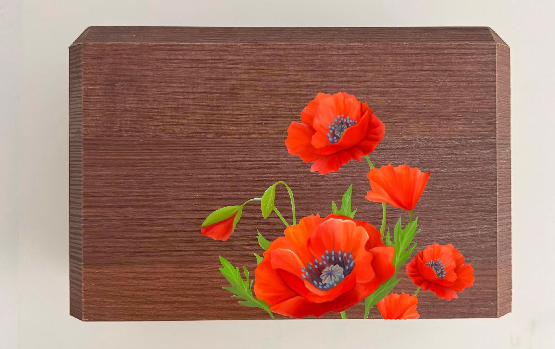 Targa di legno con papaveri rosso vivo e foglie verdi su uno sfondo marrone ruvido