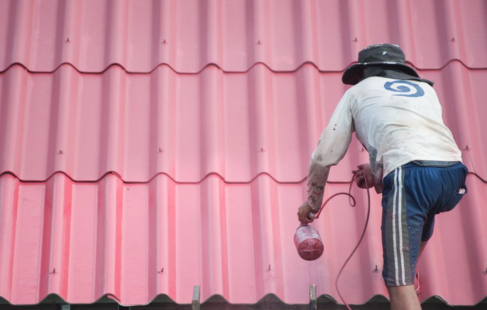 Person Spray-painting a Pink Roof, Outdoors. the Person Wears a Hat, Blue Shorts, and a White Shirt — CP Roofing in Old Bar, NSW