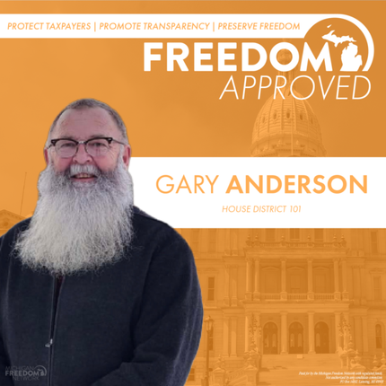 Campaign poster for Gary Anderson with orange background and “Freedom Approved” text