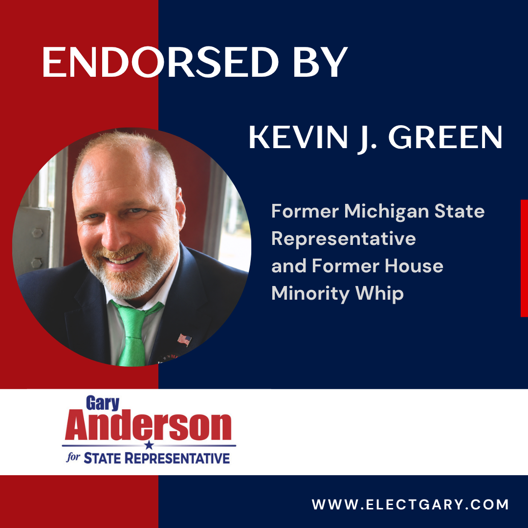 Endorsement ad for Kevin J. Green and Gary Anderson, with portrait and campaign text on red and blue background