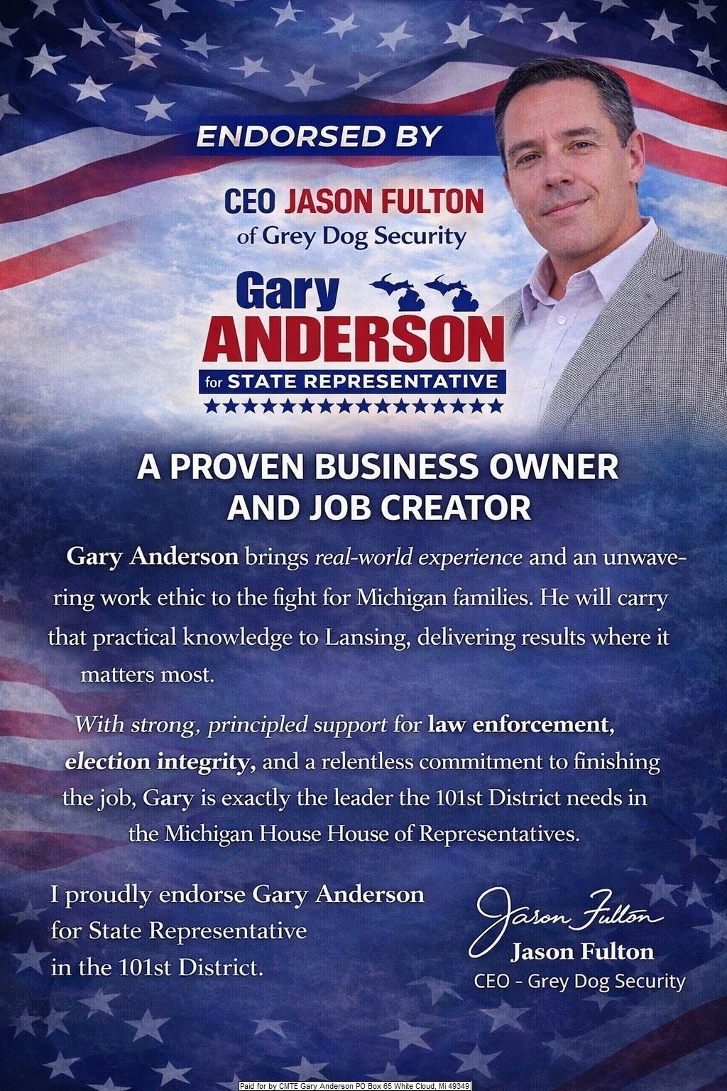 Political ad endorsing Gary Anderson, Michigan State Representative. 