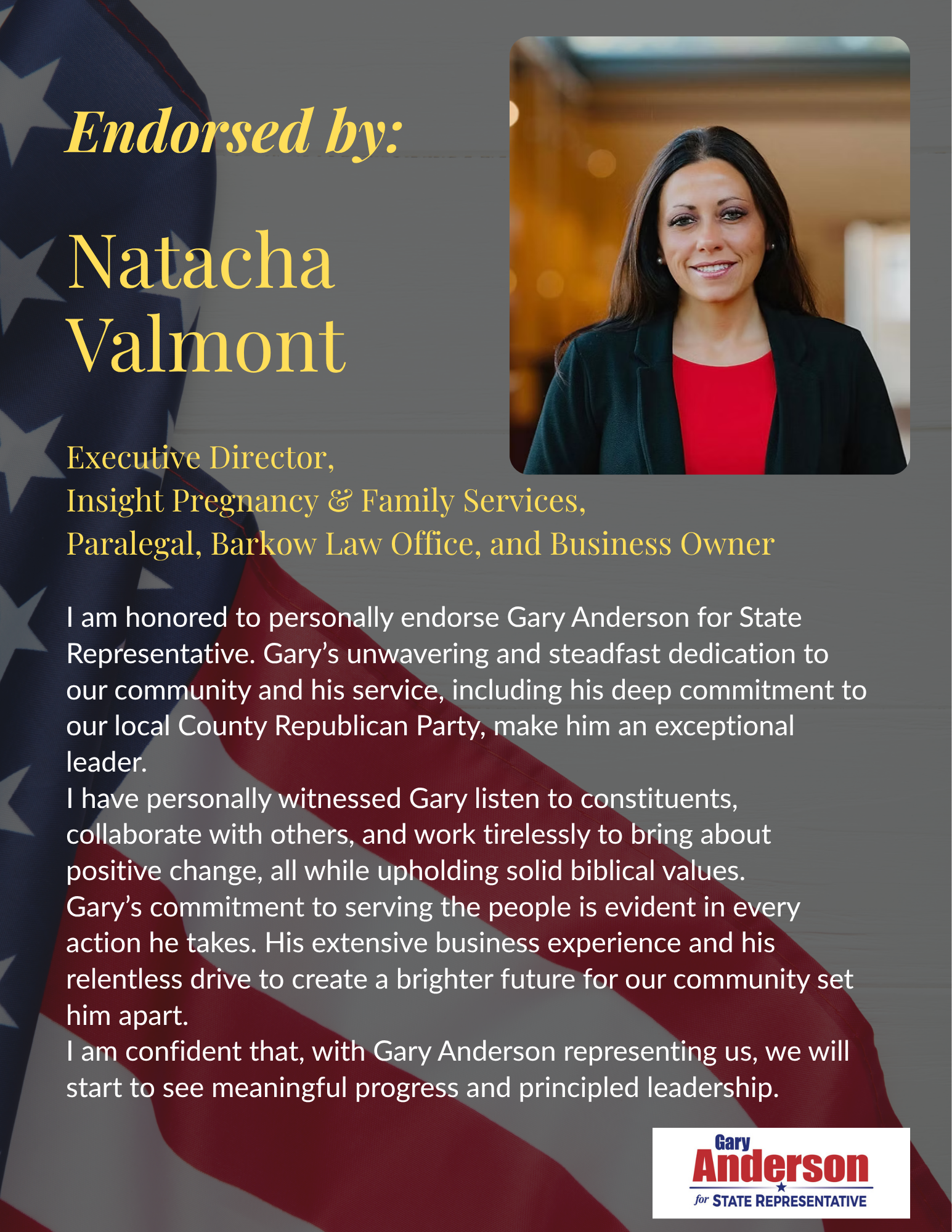 Political ad endorsing Gary Anderson, featuring Natacha Valmont. Photo of Anderson and Valmont with American flag.