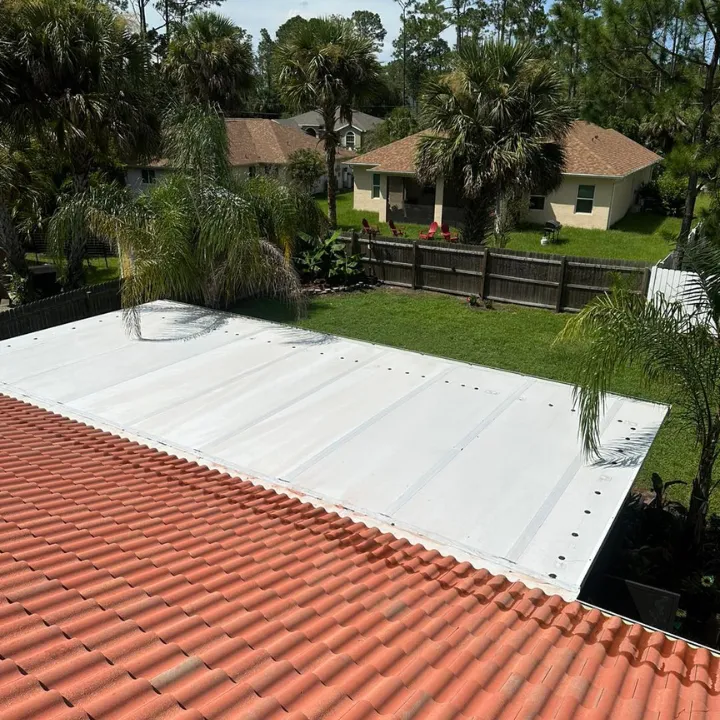 Roof with white tarp covering a section, red tiles in front, and palm trees and houses in the background