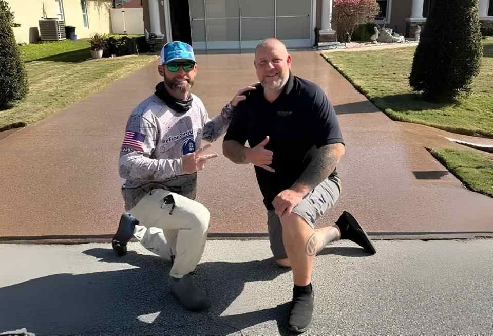 Two men kneeling on a driveway, smiling and posing in front of a house.