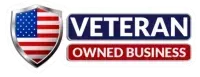 Veteran Owned Business logo with shield and U.S. flag in red, white, and blue