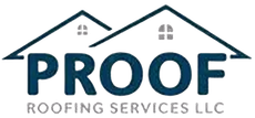 Logo for Proof Roofing Services LLC, with dark teal text and two roofline graphics.