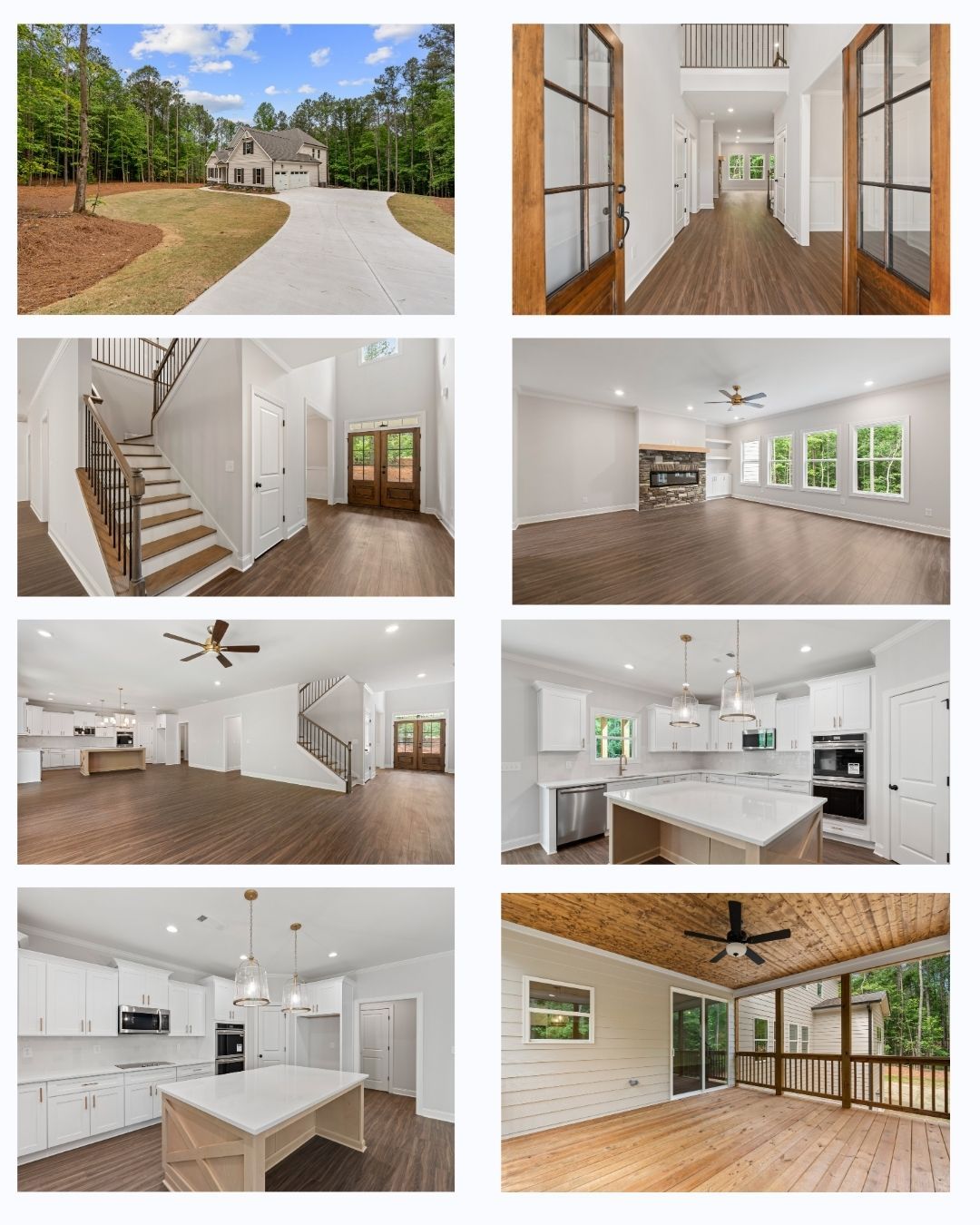 Collage of a large white house exterior and bright interior rooms with wood floors, staircase, kitchen, and porch