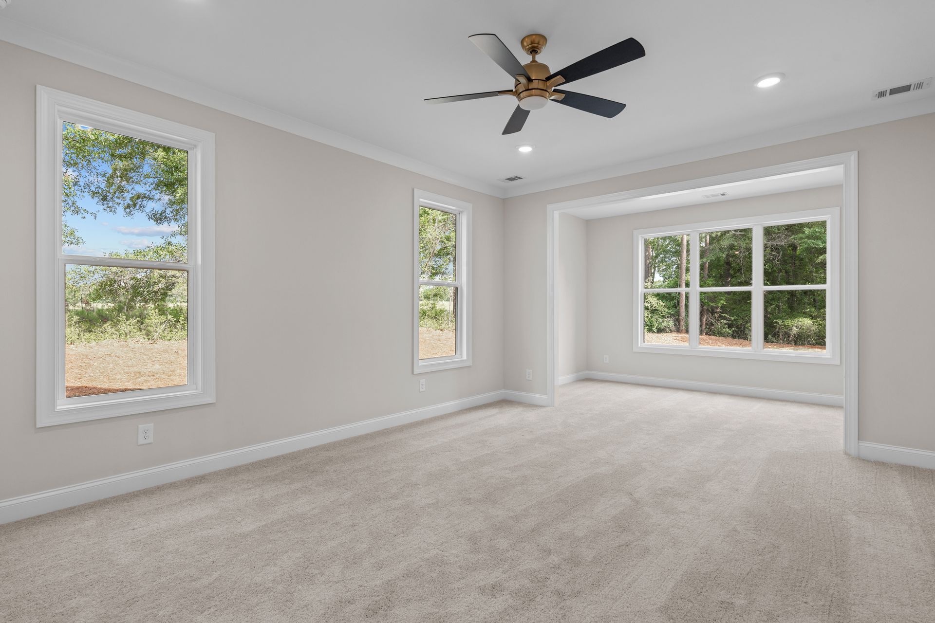 Empty carpeted living room with gray walls, ceiling fan, and large windows with white trim
